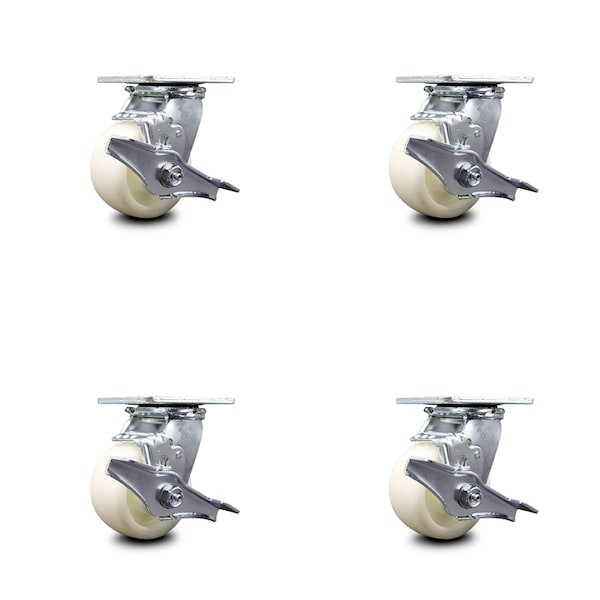 4 Inch Nylon Swivel Caster Set with Roller Bearings and Brakes